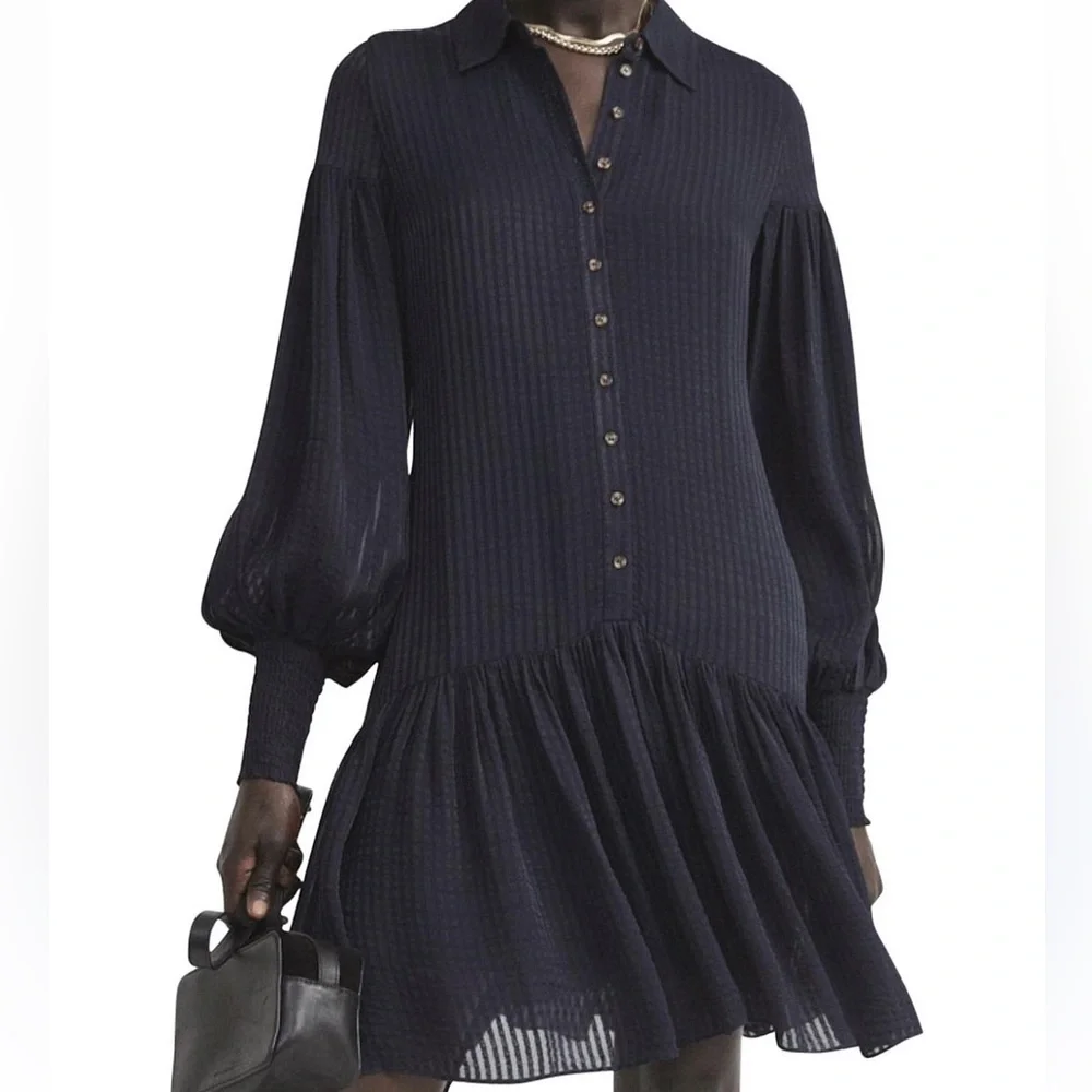 WITCHERY Stripe Pintuck Dress Navy Drop Shoulder, Waist Dress Button Front Sz 8 - Picture 4 of 15